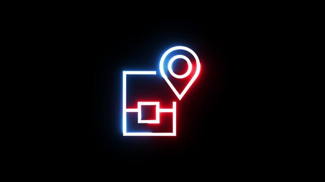 Neon glowing box icon with map location marker pulse animation on black background.