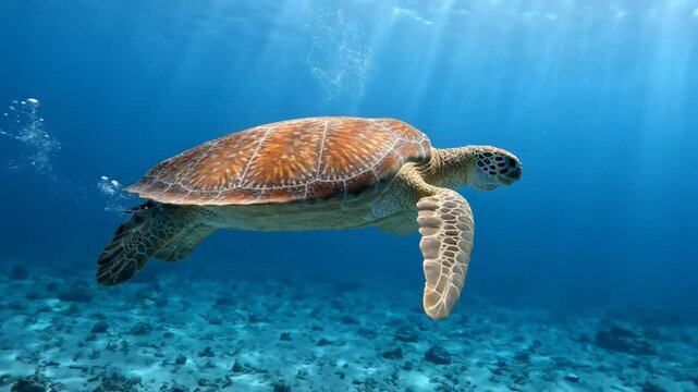 Loggerhead Sea Turtle Swimming Gracefully Through Sunlit Deep Blue Ocean Waters