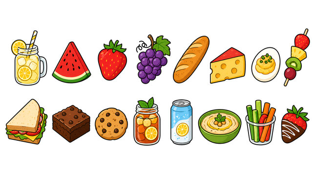 Colorful cartoon food and drink items.