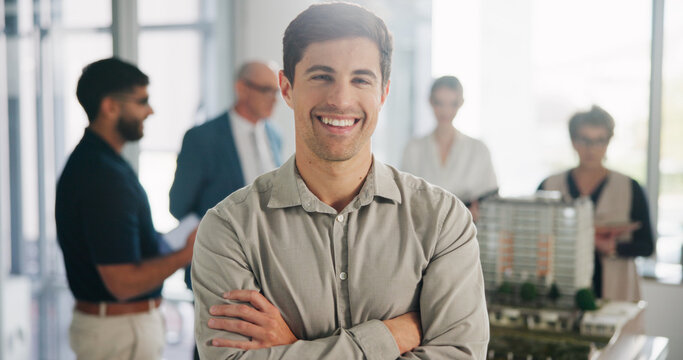Property development, portrait or man in agency with arms crossed, about us or pride in site planning. Happy, meeting or architect with confidence, ambition or career growth as project engineer.