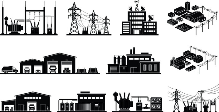 Electrical Utility and Industrial Infrastructure Silhouette Icon Set with Power Grid and Facilities