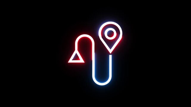 Animated neon route marker with start and end points on black background.