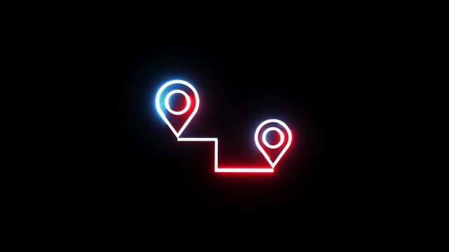 Neon map route animation with two pin points showing a journey or delivery path on black background.