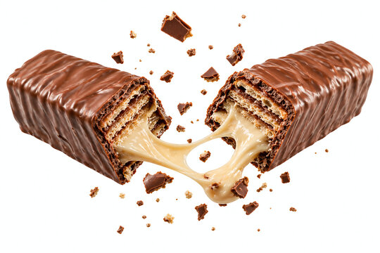 Chocolate wafer bar snapped in half with a thick caramel stretch and floating crumbs against a white background.