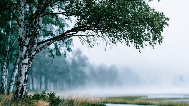 激しい雨と霧に包まれる白樺の木、幻想的で静寂な夏の自然風景