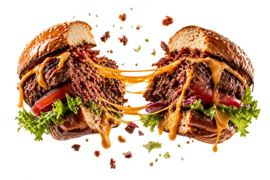 Gourmet beef cheeseburger being pulled apart with thick melting cheese strands and fresh ingredients isolated on white background.