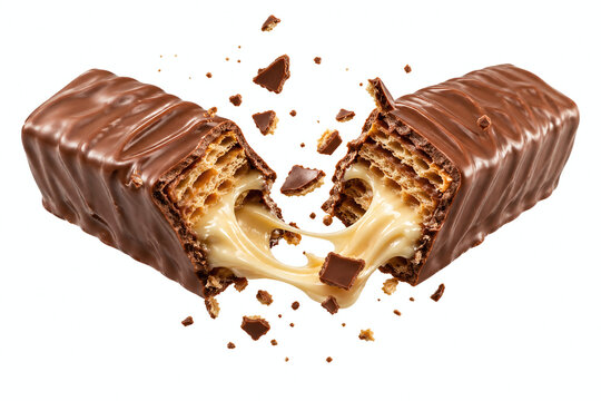 Chocolate wafer bar snapped in half with oozing caramel and flying crumbs isolated on a white background.
