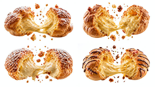 A collection of four images showing cream puffs being pulled apart with a thick custard filling and flying crumbs on a white background.