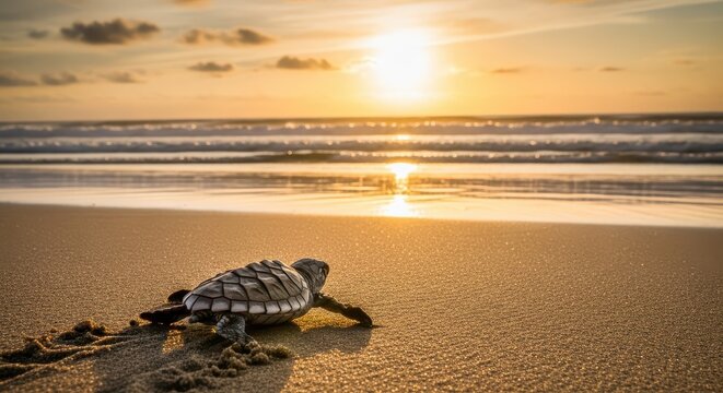Baby Sea Turtle Hatchling Crawling Towards the Ocean on a Sandy Beach at Sunset Golden Hour