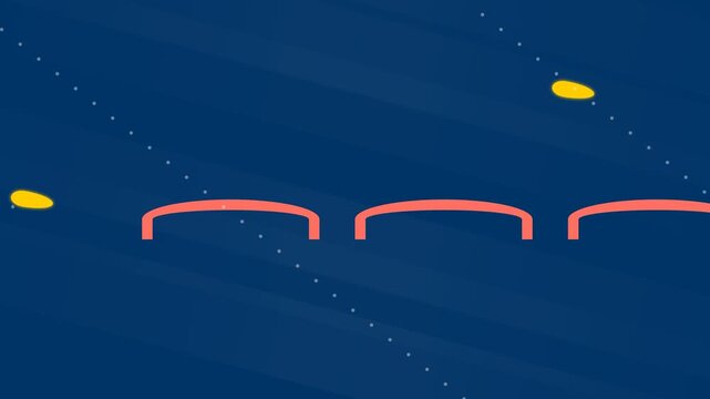 Abstract Animation of Yellow Particles Moving Through Pink Archways.