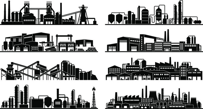 Industrial Factory and Manufacturing Plant Silhouette Skyline Collection with Heavy Industry Infrastructure