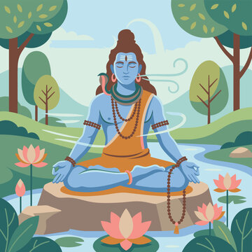 Blue skinned deity sits in meditation on a rock beside a lotus pond in a peaceful natural scene with trees and blooming flowers