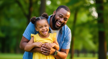 Happy African American Father Hugging His Young Daughter and Laughing Together in a Sunny Green Park