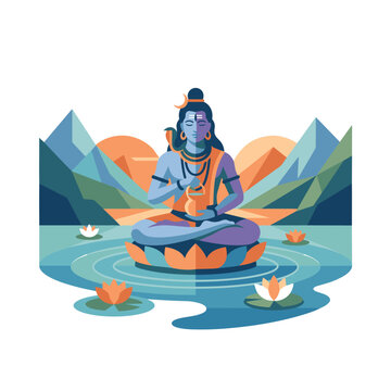 A meditative yogi sits in a small boat on a calm blue lake surrounded by stylized mountains at sunset embodying mindfulness and serenity