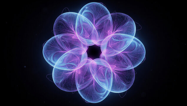 Abstract 3D Digital Art of Glowing Blue and Purple Flower Shaped Energy Field Made of Wireframe Petals on Black Background