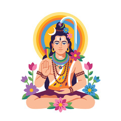 Naklejka premium Vibrant illustration of a meditating Hindu deity seated in a lotus pose with halo and colorful flowers creating a serene spiritual scene