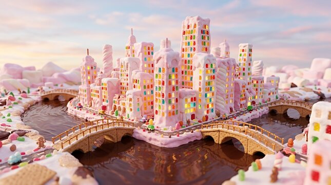 Gingerbread city with colorful candy buildings and frosting.
