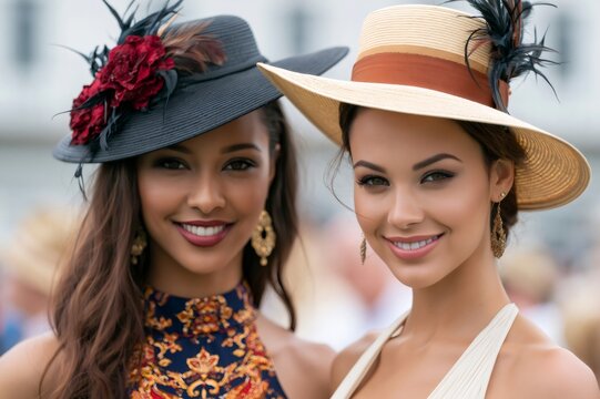 Women wearing elegant fashion hats on race day