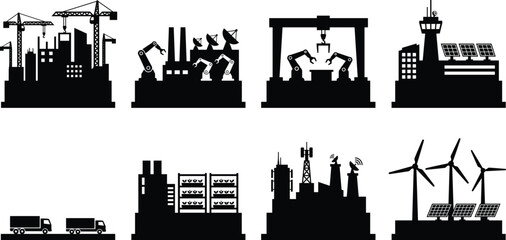 Obraz premium Smart Industrial Infrastructure Silhouette Icon Set with Automation Logistics Energy and Communications