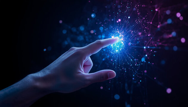 Human Hand Touching Glowing AI Neural Network Interface