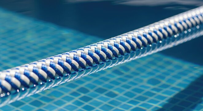 Close-up of a blue and white pool lane rope floating in water.