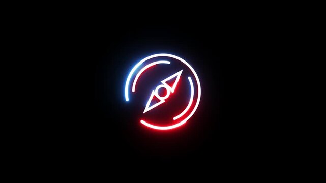 Neon compass on a black background, glowing in red and blue, symbolizing direction and adventure with a modern aesthetic.