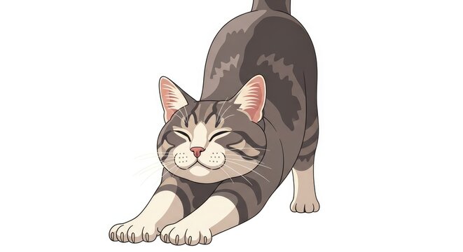 Happy Cat Stretching and Yawning on a White Background.
