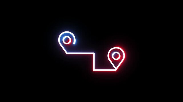Neon map route with pin pointers glowing in blue and red showing travel direction on black background.