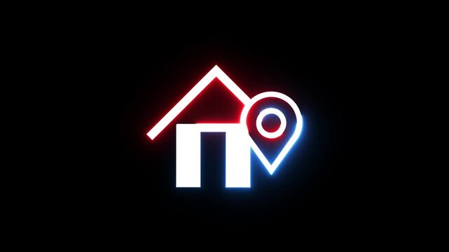 Neon glowing home with location pin symbol on black background looping motion graphic animation.