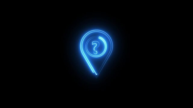 Neon blue location map pin with question mark animation on black background.