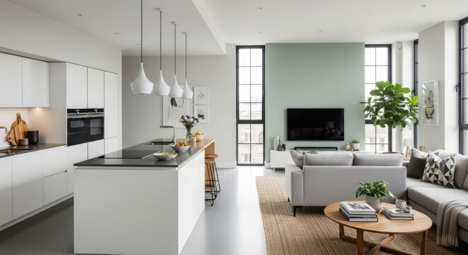 Modern Open-Plan Living Space with Kitchen and Lounge.