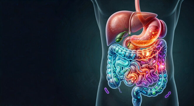 Human gut microbiome with glowing bacteria in digestive system, intestine and stomach, medical 3D illustration, gut health concept