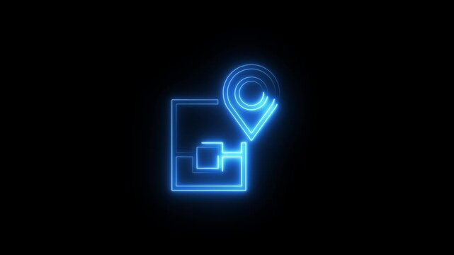 Blue neon sign of a smartphone with a location pin and signal waves, digital technology concept.