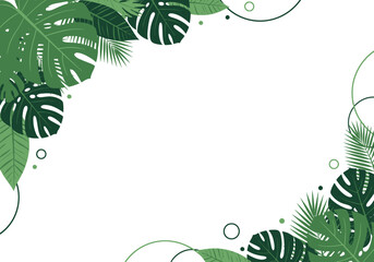 Tropical Green Monstera Leaf Frame and Botanical Border on White Background © Archii