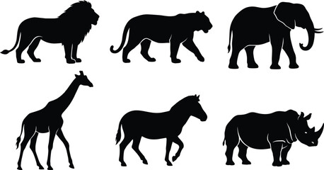 African Safari Wild Animal Silhouette Icon Set with Lion, Tiger, Elephant, Giraffe, Zebra, and Rhinoceros Symbols for Wildlife Conservation and Nature Graphics © Himu 