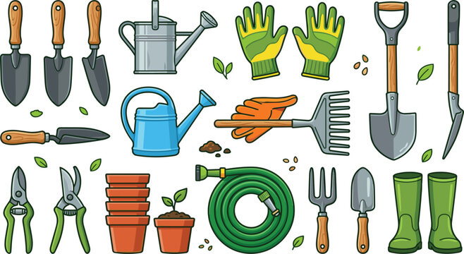 Gardening tools vector flat illustration collection set featuring trowel shovel rake watering can hose gloves flower pots and rubber boots isolated on white background for spring agriculture design