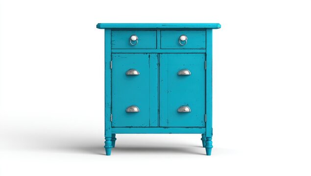 Teal painted wooden cabinet with two drawers and two doors