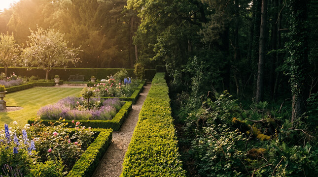 Manicured formal garden contrasting with a dark wild forest