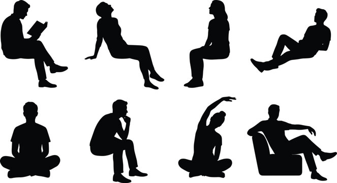 Set of casual people silhouettes sitting reading relaxing stretching and thinking in various poses isolated on white background.