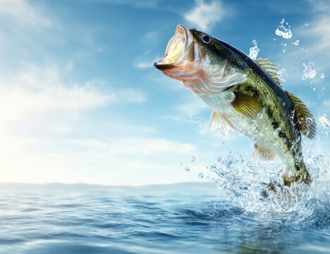 Largemouth bass leaps out of water, mouth open