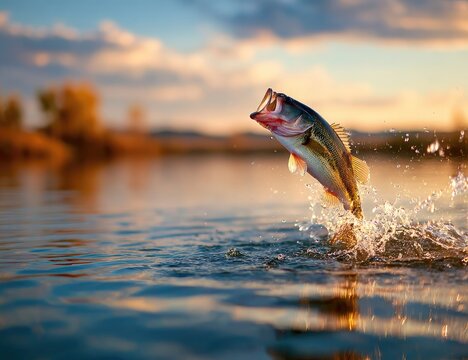 Bass leaps from tranquil lake at sunset