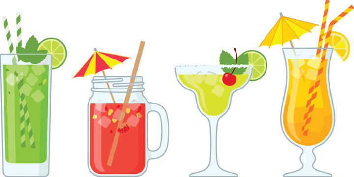 Colorful Flat Style Summer Cocktail Set Illustration with Mojito, Mason Jar, Margarita, and Tropical Juice Drinks with Garnish