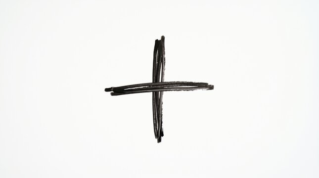 Minimalist hand-drawn plus sign or cross icon in black marker on whiteboard, great for education, mathematics, healthcare, and positive growth.