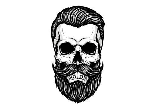 Bearded Skull Illustration with Hipster Pompadour Hairstyle and Mustache