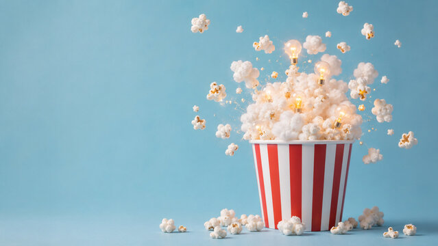 Popcorn bucket overflowing with clouds and glowing ideas