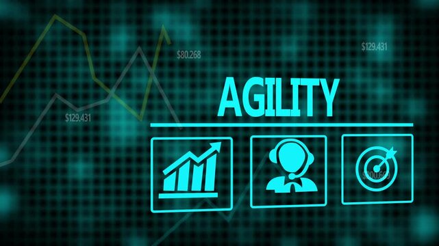 Agility business concept on a flashing computer monitor with moving graphs and data.