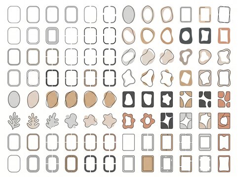 Elegant collection of 80 minimalist frames and organic shapes. Aesthetic neutral earth tone borders for branding and social media.