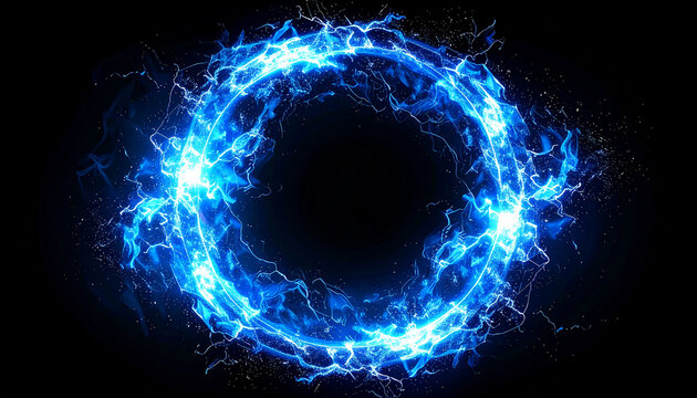 Abstract glowing blue lightning circle on black background, magical energy ring, electric particles and sparks, futuristic energy concept.