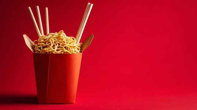 57.Wok box filled with fast food noodles accompanied by wooden sticks, bright red backdrop, trendy takeaway food concept