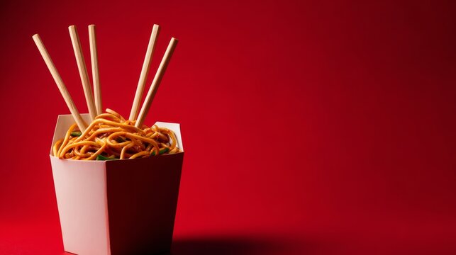 57.Wok box filled with fast food noodles accompanied by wooden sticks, bright red backdrop, trendy takeaway food concept